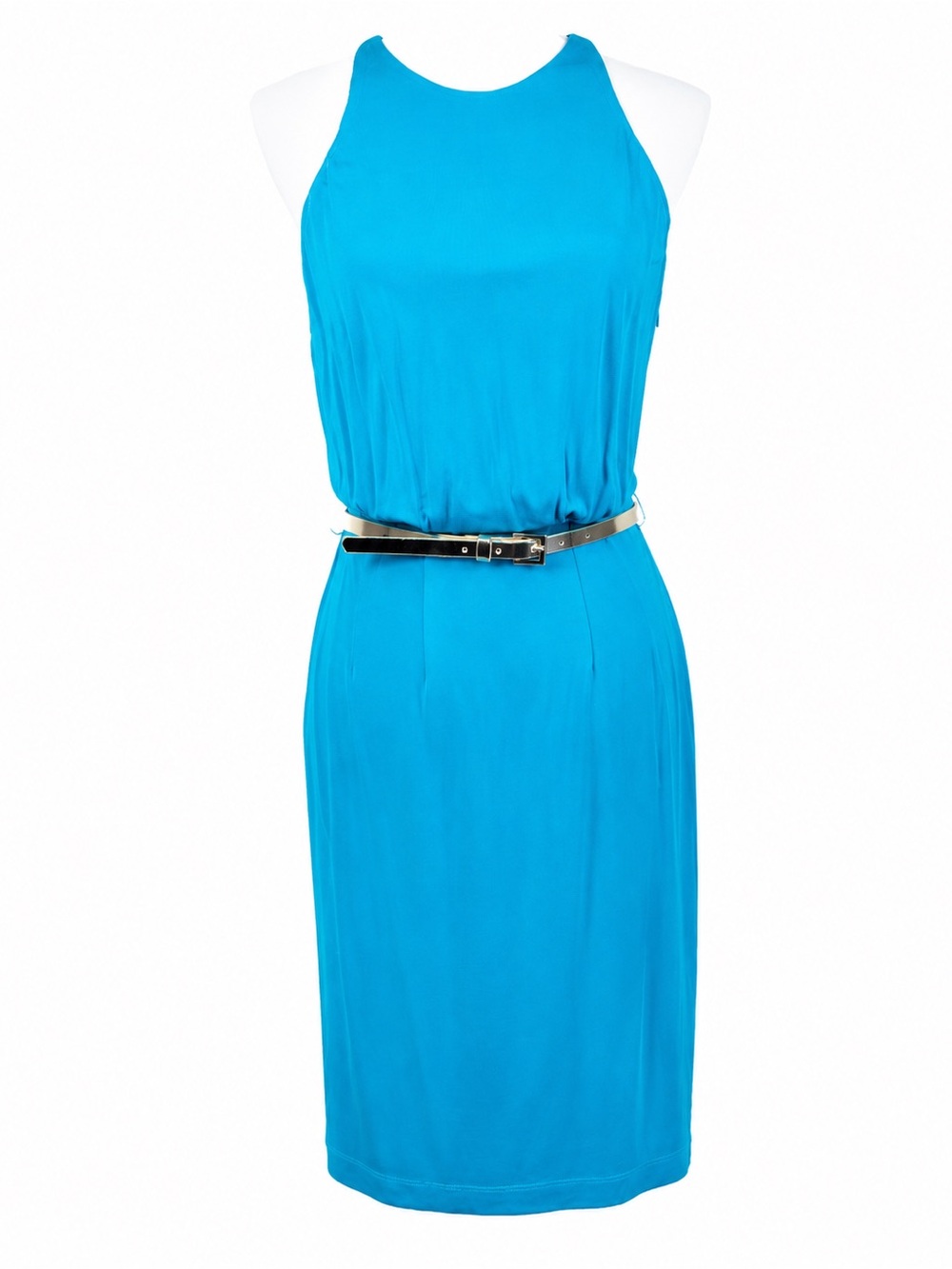 Bebe Teal Open Back Dress Medium Gold Belt High Neck